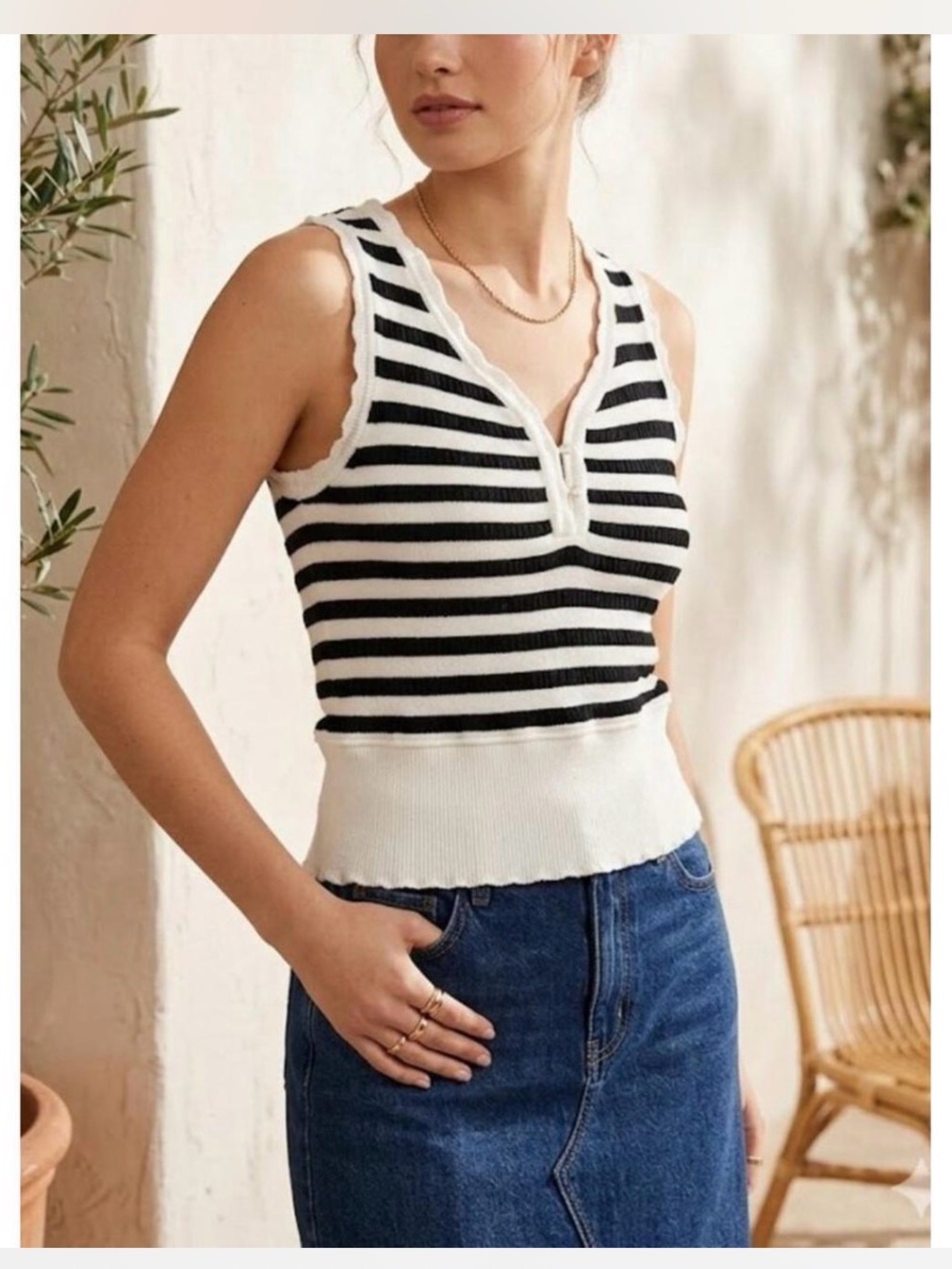 Maeve Black and Cream Striped Ribbed Tank